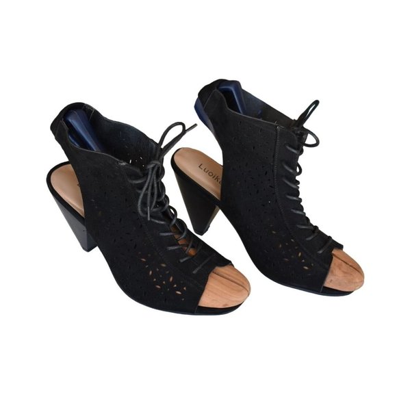 Women's Luoika Black Lace-up Open Toe Suede Cone Heel Shoes 8.5 - Picture 1 of 10